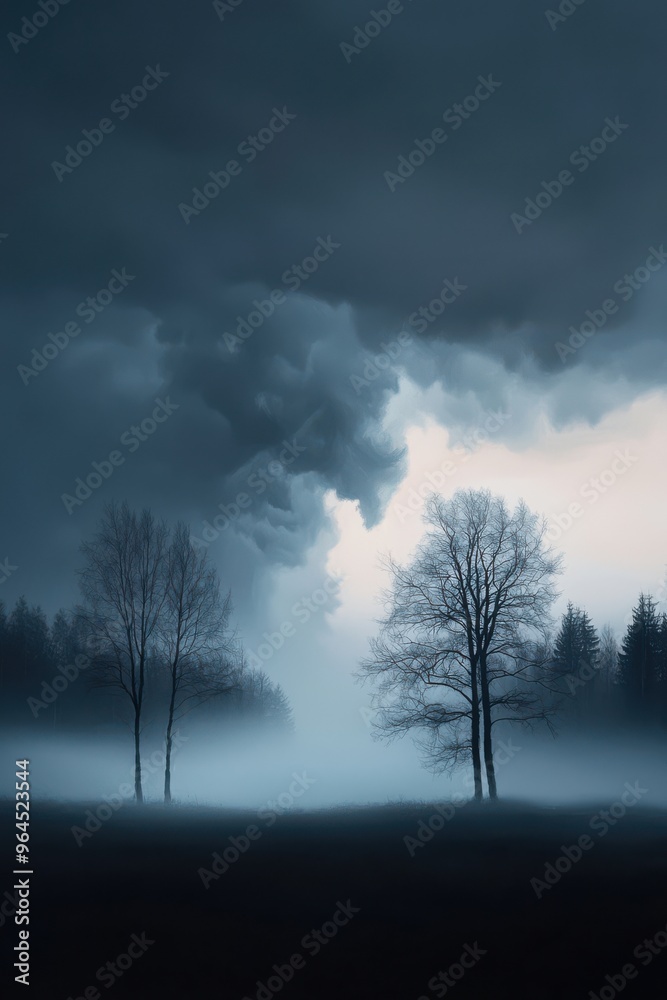 Dramatic Storm Clouds Over Misty Forest with Bare Trees in Foreground Dramatic Storm Clouds Over Misty Forest with Bare Trees in Foreground
