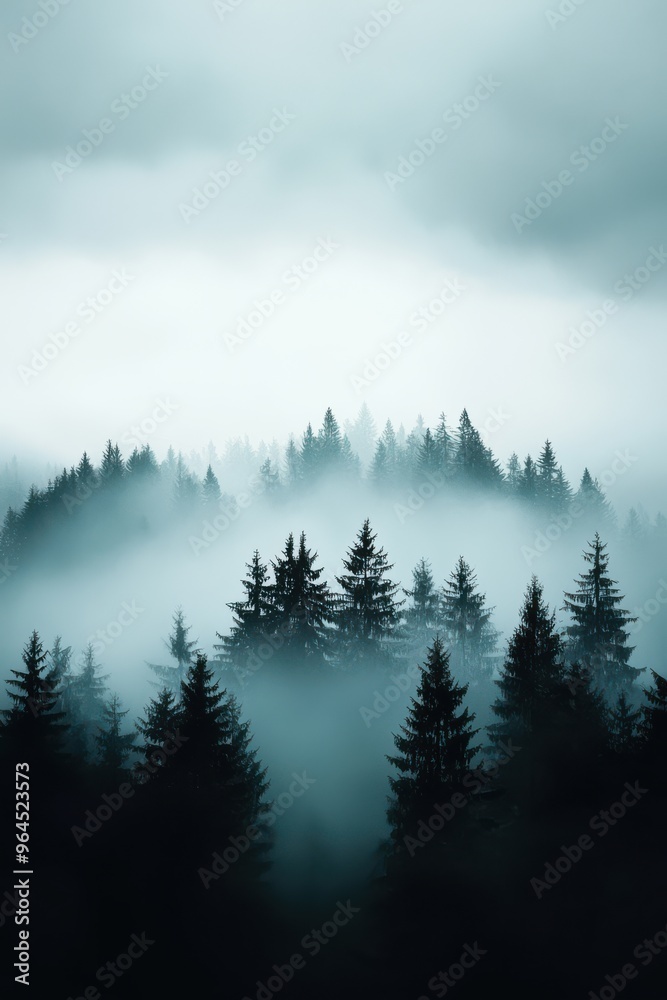 Misty Forest Landscape with Pine Trees and Fog Creating a Serene and Mysterious Atmosphere in the Early Morning Light Misty Forest Landscape with Pine Trees and Fog Creating a Serene and Mysterious Atmosphere in the Early Morning Light