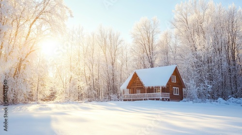  A stunning winter wonderland landscape featuring ice-covered trees glistening under the sunlight, with a cozy cabin illuminated by the warm rays. 