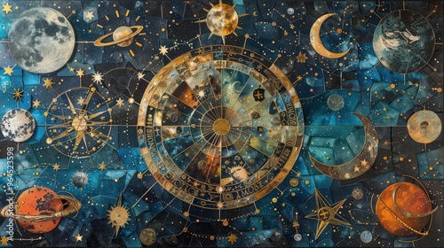 Intricate cosmic map featuring planets, moons, and astrological symbols set against a starry background. photo