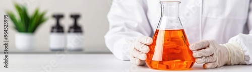 Scientist in white lab coat holding a flask with orange liquid, conducting an experiment in a modern laboratory