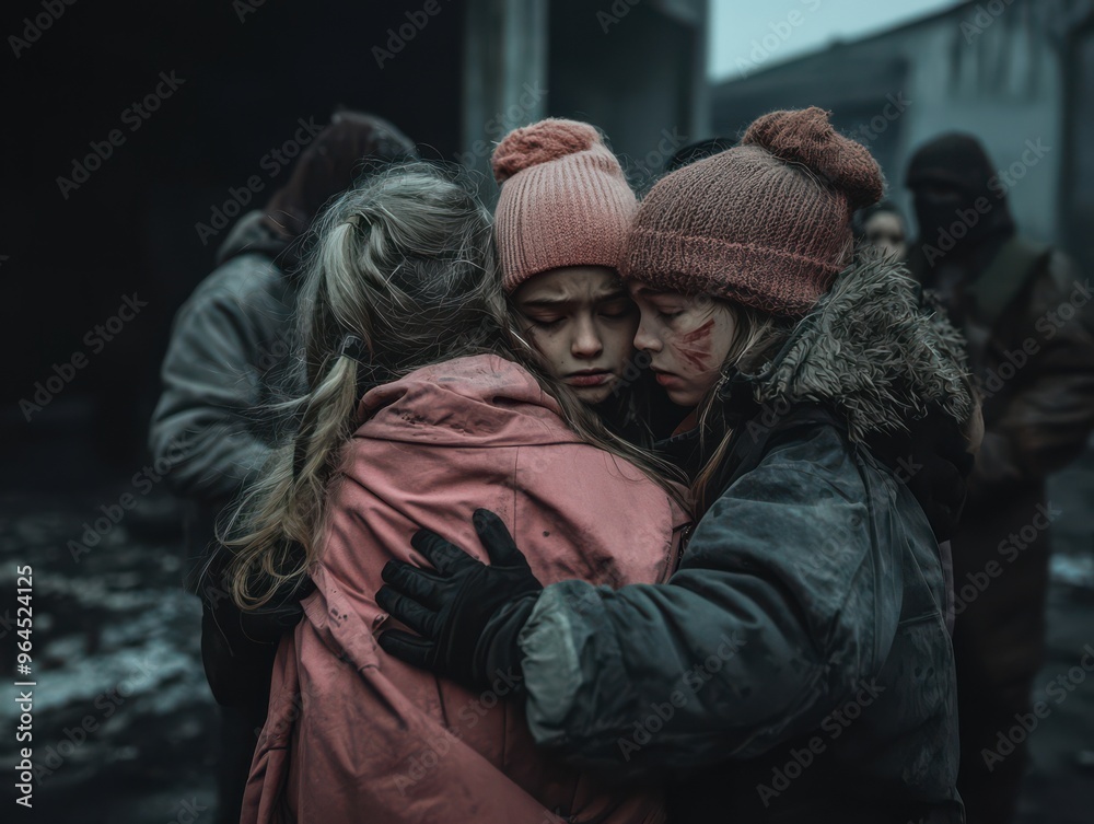 Emotional Reunion of Three Girls in Winter Clothing Amidst a Cold, Desolate Urban Environment Emotional Reunion of Three Girls in Winter Clothing Amidst a Cold, Desolate Urban Environment