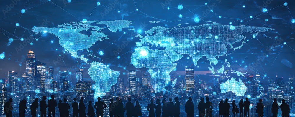 © Art_You - World map displaying global connections in a business setting with a city skyline and silhouettes of people.
