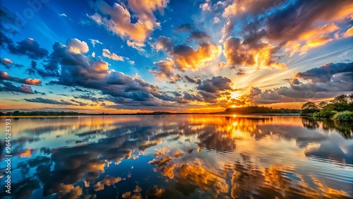 Tranquil sunset scene with night clouds reflecting in lake