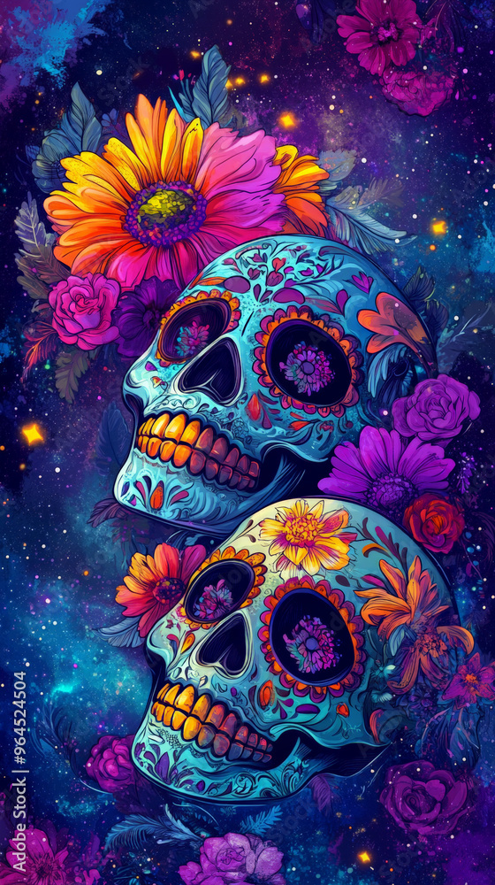 Naklejka premium Colorful Sugar Skull Designs with Flowers and Marigolds 