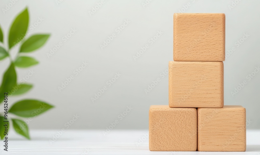 Wooden blocks stacked in a pyramid shape on a white table with green leaves in the background. Minimalist and natural design. Wooden blocks stacked in a pyramid shape on a white table with green leaves in the background. Minimalist and natural design.
