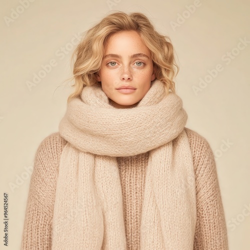 Model wearing oversized cashmere scarf and thick knit cardigan, soft beige hues, minimalist fashion,