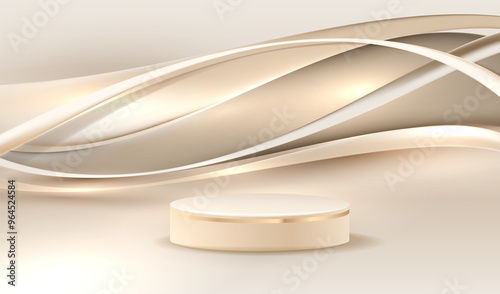 Geometric gold lines luxury wavy background. Golden cream podium platform for display cosmetic product in studio vector.