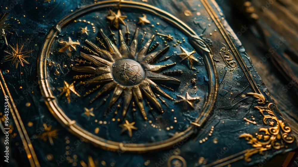 Fototapeta premium A detailed celestial design featuring a sun motif surrounded by stars and intricate decorations on a textured background.