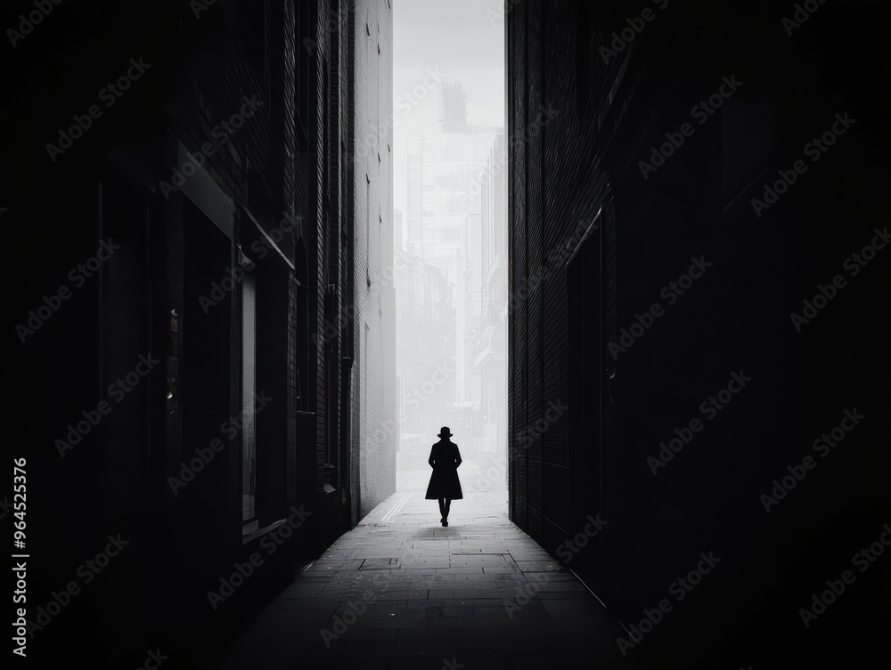 Mysterious Silhouette of a Person Walking Down a Narrow Alleyway in a Foggy Urban Setting