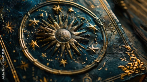 Wallpaper Mural A detailed celestial design featuring a sun motif surrounded by stars and intricate decorations on a textured background. Torontodigital.ca