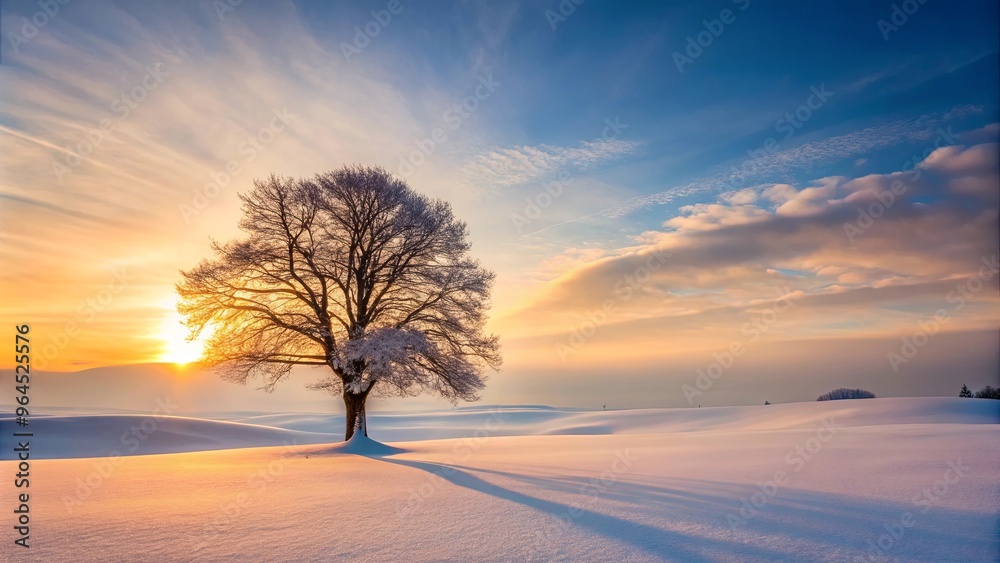 Solitary tree standing in a snowy landscape at sunset, creating a serene and peaceful winter scene Solitary tree standing in a snowy landscape at sunset, creating a serene and peaceful winter scene