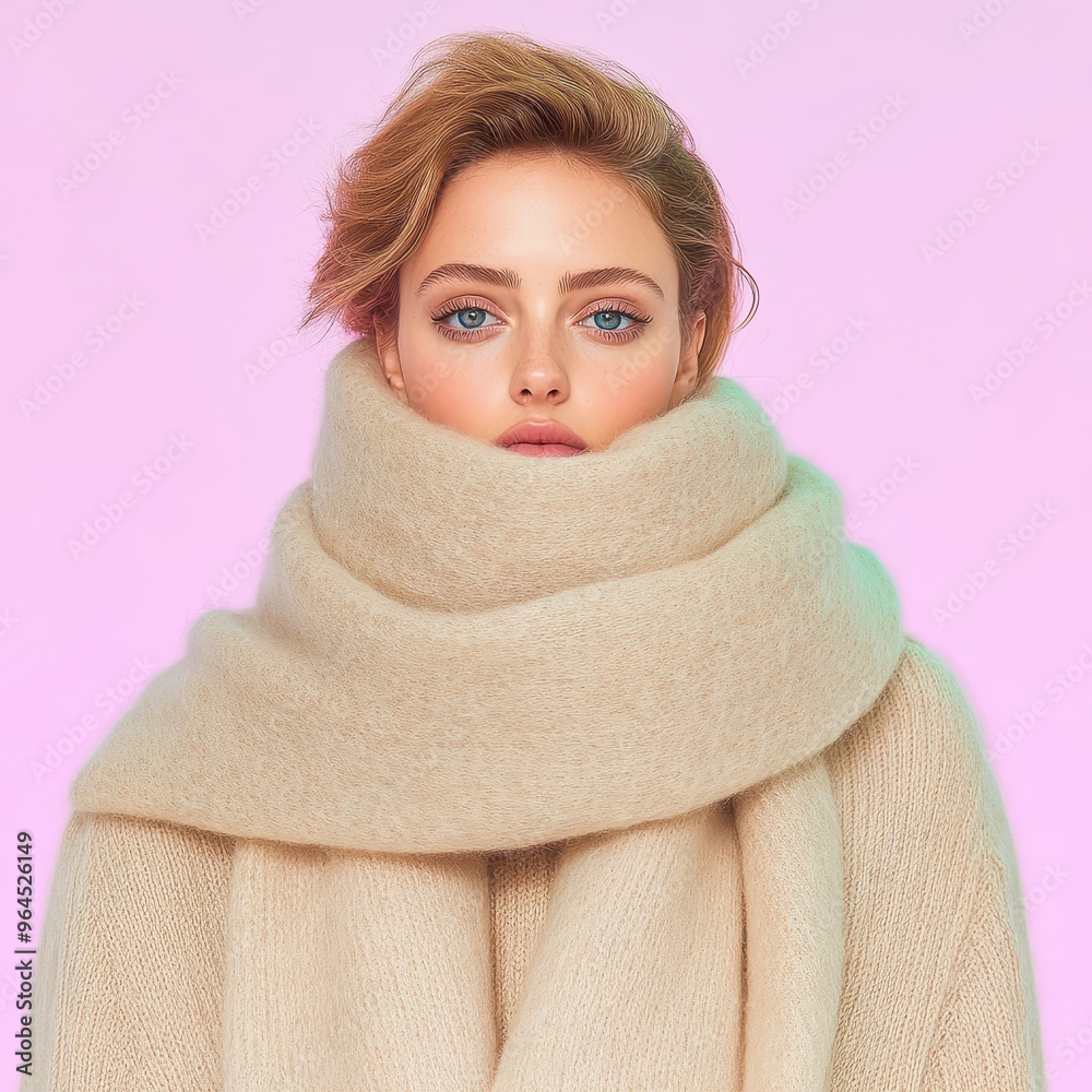 A stylish woman wrapped in a cozy cream scarf, radiating elegance and warmth against a soft pink backdrop. A stylish woman wrapped in a cozy cream scarf, radiating elegance and warmth against a soft pink backdrop.