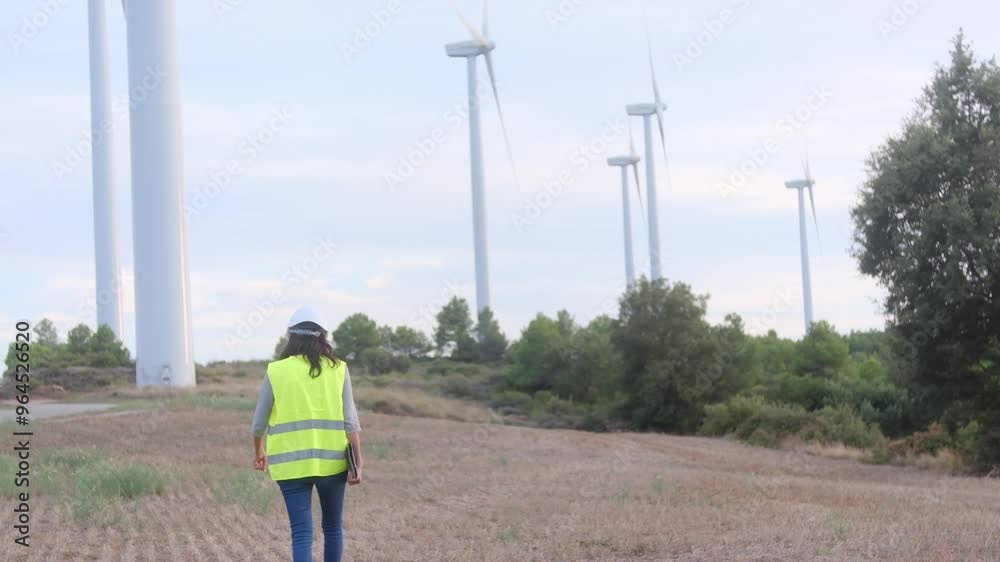 Two engineers with helmets and vests using a laptop and digital tablet to inspect a sustainable wind farm. Two engineers with helmets and vests using a laptop and digital tablet to inspect a sustainable wind farm.