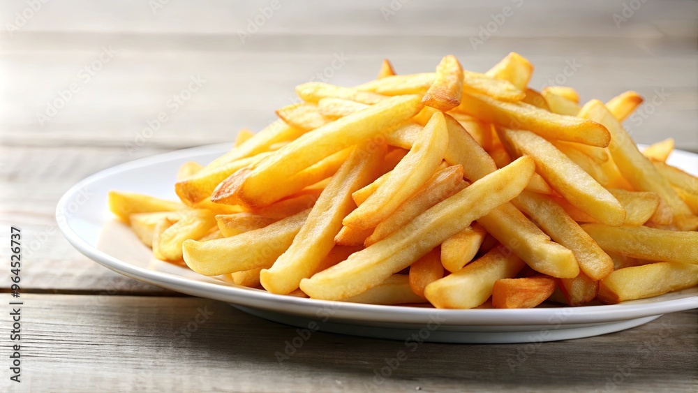 Close-up of crispy golden French fries on a white plate in a fast food setting Close-up of crispy golden French fries on a white plate in a fast food setting