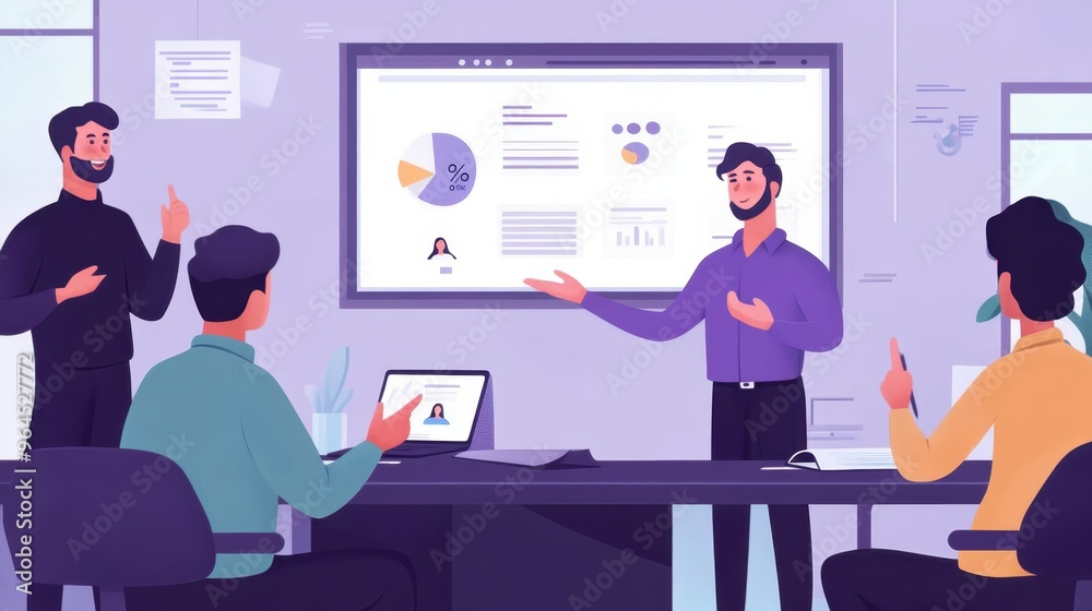An engineer presenting job market data to a team in a sleek conference room. An engineer presenting job market data to a team in a sleek conference room.