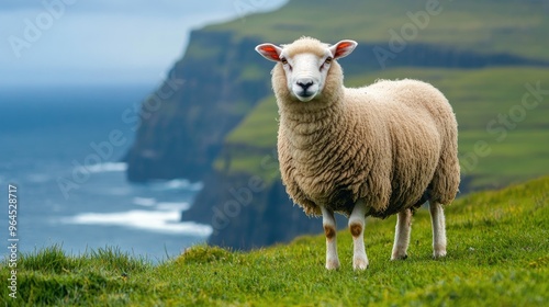 A close-up of a Faroese sheep grazing on the green hills, with the ocean in the background.