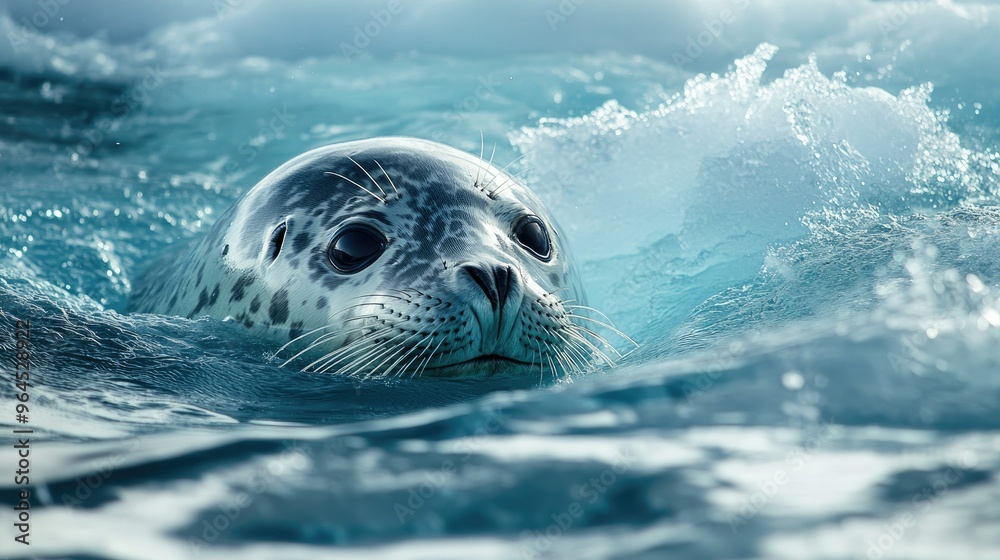 Obraz premium A close-up of a leopard seal swimming in the icy waters of Antarctica, with its head breaking the surface.