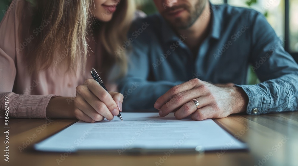 A couple reviewing and signing a lease agreement or purchase contract at a table, showing mutual consent and satisfaction A couple reviewing and signing a lease agreement or purchase contract at a table, showing mutual consent and satisfaction
