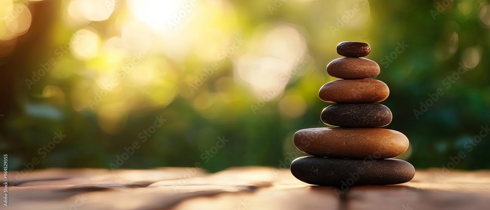 Obraz premium Serene stack of pebbles on a wooden surface, reflecting tranquility and balance in nature's embrace during a golden hour.