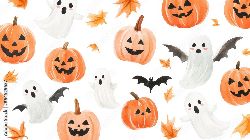 Fototapeta premium A charming watercolor illustration featuring pumpkins, ghosts, bats and autumn leaves. Perfect for Halloween decorations, party invitations or social media posts.