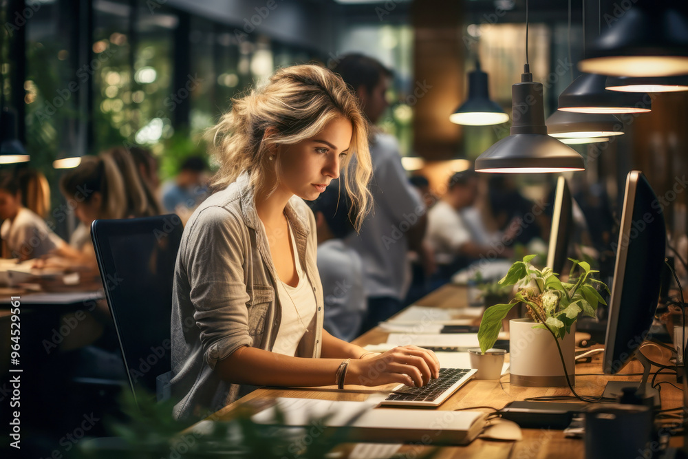 Focused woman working on laptop in modern office with plants Focused woman working on laptop in modern office with plants