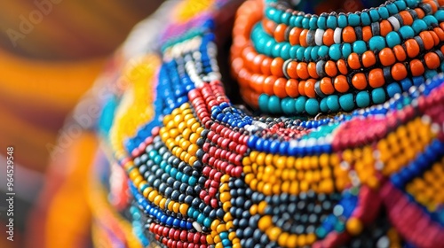 A close-up of a Maasai necklace made of colorful beads and intricate patterns.