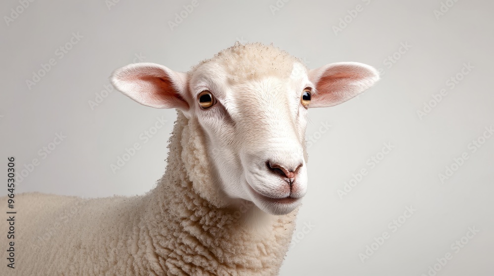 A close-up portrait of a sheep's face against a white background. The sheep's eyes are wide and curious, looking directly at the viewer. The soft wool and delicate features highlight the animal's gent A close-up portrait of a sheep's face against a white background. The sheep's eyes are wide and curious, looking directly at the viewer. The soft wool and delicate features highlight the animal's gent