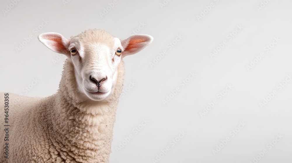 Fototapeta premium A close-up portrait of a sheep's face against a white background. The sheep has a soft, fluffy coat and curious eyes. The image evokes feelings of innocence, gentleness, and domestication.