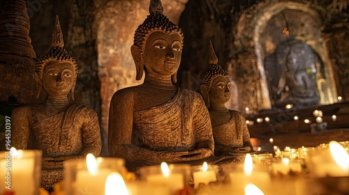 A close-up of the Buddha statues inside a Bagan temple, surrounded by flickering candles. photo