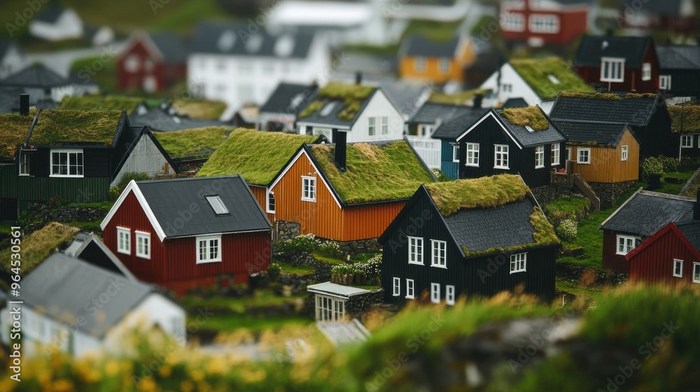 A close-up of the colorful turf-roofed houses in the village of Trshavn, the capital of the Faroe Islands. A close-up of the colorful turf-roofed houses in the village of Trshavn, the capital of the Faroe Islands.
