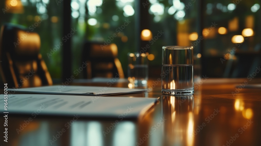 A close-up shot of an empty conference table set for a meeting, with two glasses of water and papers placed neatly. The table is made of rich wood, and the warm lighting creates a welcoming and profes A close-up shot of an empty conference table set for a meeting, with two glasses of water and papers placed neatly. The table is made of rich wood, and the warm lighting creates a welcoming and profes