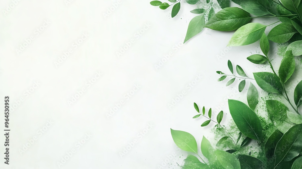 Green leaves border on white background, creating a natural and fresh frame for text or design. Green leaves border on white background, creating a natural and fresh frame for text or design.