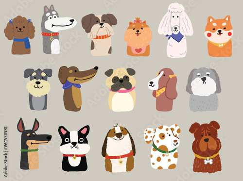 Cute dogs, puppies of different breeds set. Canine animals, diverse big and little doggies. Poodle, dachshund, dalmatian and jack russell terrier. Flat vector illustration isolated on color background