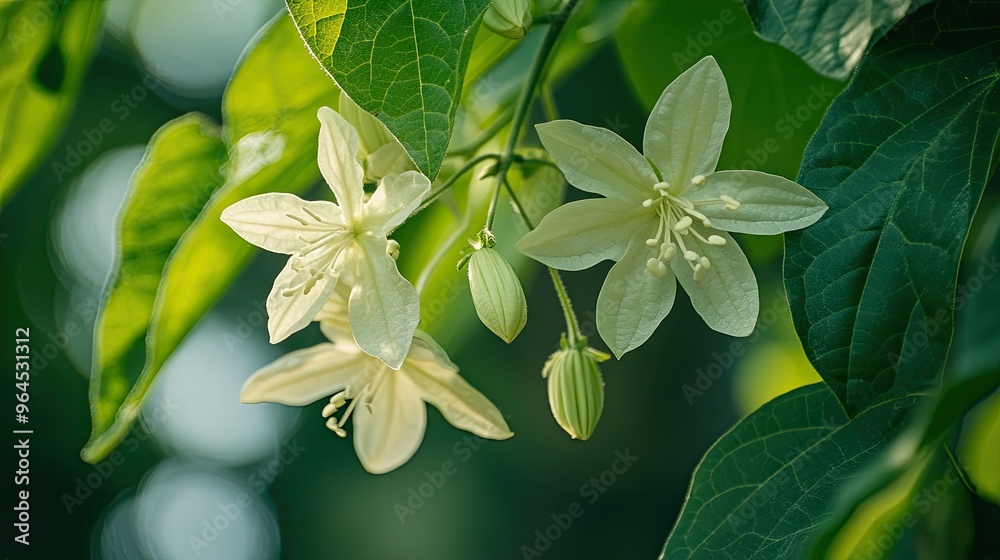 Obraz premium A close-up of the delicate flowers of the Cucumber Tree, with their white petals contrasting against the green leaves.