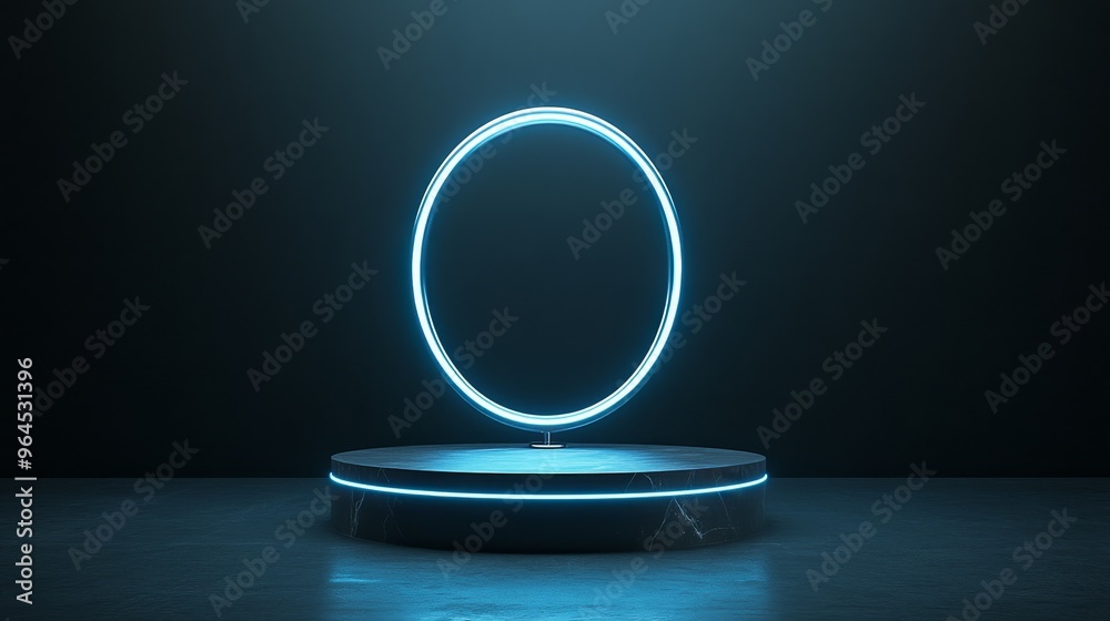 A contemporary podium with a glowing circular neon light, symbolizing innovation, futurism, technology, display, and product showcase.