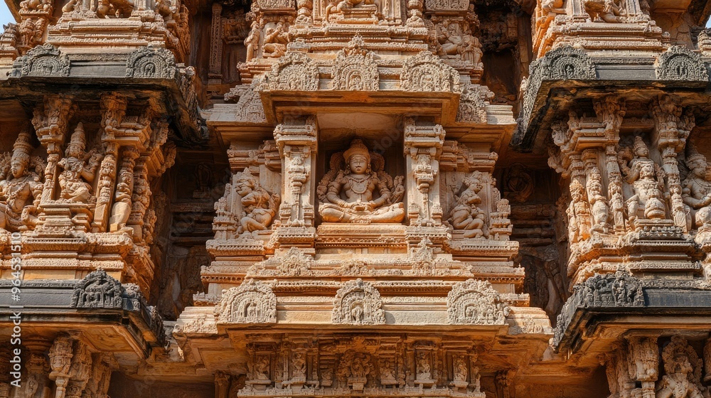 A close-up of the detailed carvings on the Virupaksha Temple, showing scenes from Hindu mythology. A close-up of the detailed carvings on the Virupaksha Temple, showing scenes from Hindu mythology.
