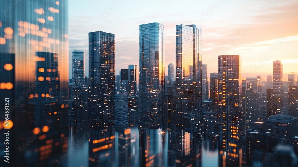 Obraz premium Futuristic urban cityscape minimal composition sharp lines glass towers soft shadows evening light modern skyline 3D render