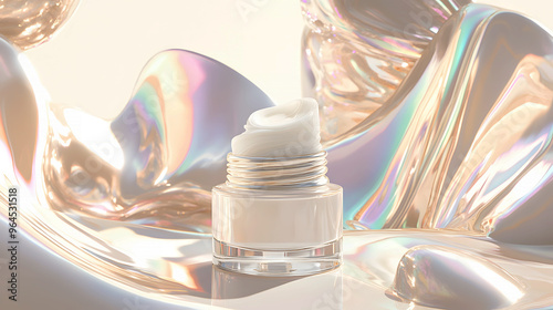 The cream product is placed against a backdrop of abstract, metallic shapes and lines photo