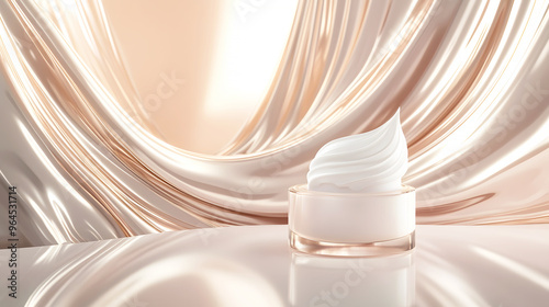 The cream product is placed against a backdrop of abstract, metallic shapes and lines photo