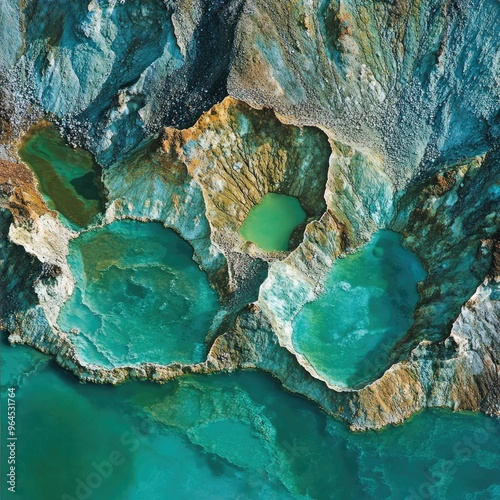 A close-up of the green and blue crater lakes at Kelimutu, showing the intricate patterns created by volcanic minerals photo