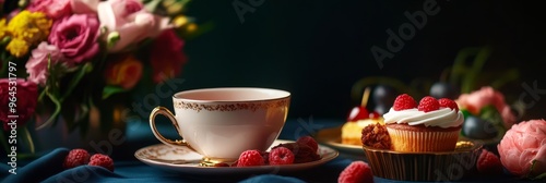 A delicate teacup with a warm beverage rests on a saucer adorned with raspberries, alongside a tempting cupcake topped with whipped cream and fresh raspberries. The image evokes a sense of tranquility photo