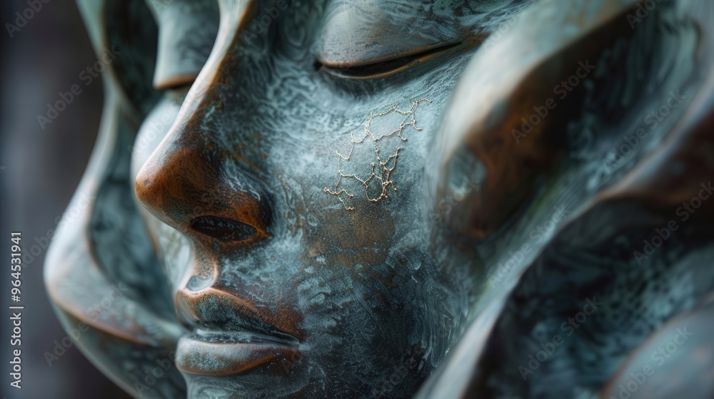 Detailed close-up of a serene bronze sculpture, capturing artistic expression and texture in a moment of tranquility.