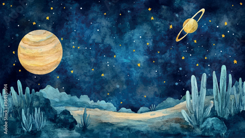 Landscape Of Alien Planet With Satellite Flying Next To It In Starry Night Sky Watercolor Illustration For Childrens Book Enchanted Alien World Colorful Satellite Space Scene