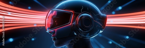 A futuristic cyborg with a sleek, chrome helmet and glowing neon lights. The cyborg's face is partially obscured, adding an element of mystery. The red and blue colors create a sense of energy and exc photo