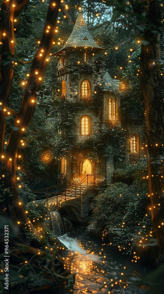 Fototapeta premium Magical fairy tale tower in enchanted forest