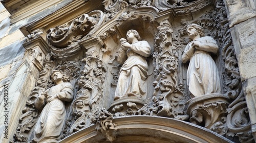 A close-up of the intricate details on the fade of St. Nicholas Church in Prague's Lesser Town.