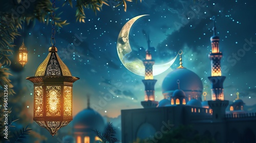 Ramadan kareem with serene mosque and crescent moment