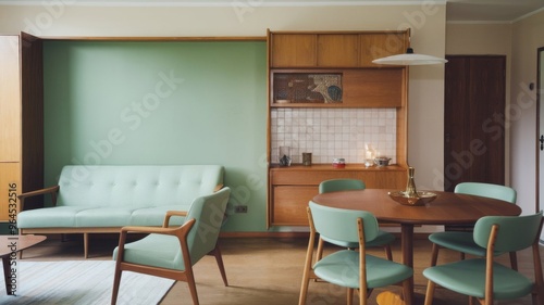 Mint-colored chairs around a round wooden dining table in a room with a sofa and cabinet, set against a green wall. Scandinavian, mid-century modern living room design.