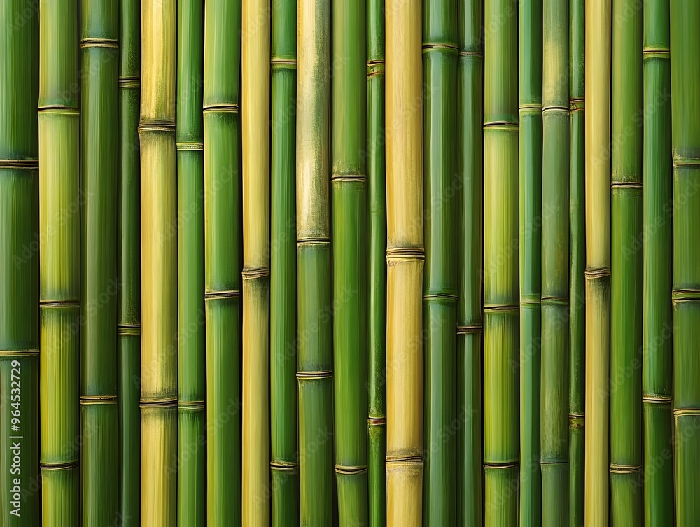 Fototapeta premium Grüne und gelbe Bambusstangen in Nahaufnahme als natürlicher Hintergrund